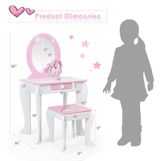 Kids Home Vanity Makeup Set Wooden W/ Mirror and Drawer