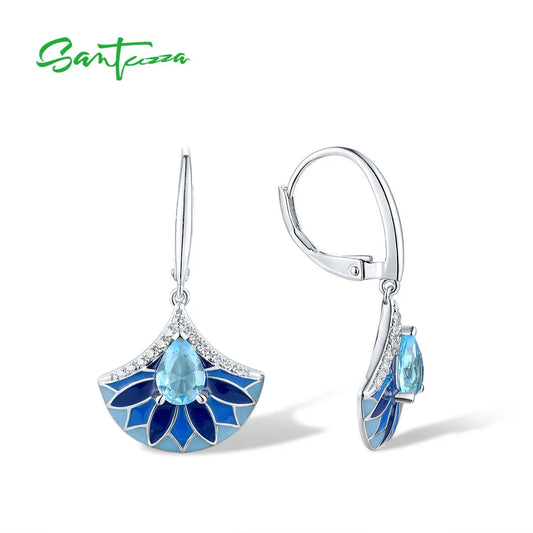 SANTUZZA Authentic 925 Sterling Silver Drop Earrings For Women Sparkling White CZ Blue Stone Fan Shape Chic Party Fine Jewelry