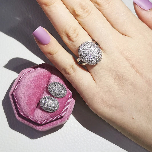 2pcs Pack silver color bride Jewelry Set Halo Engagement Ring Round Stud Earring For Wedding Christmas Gift Party J6016