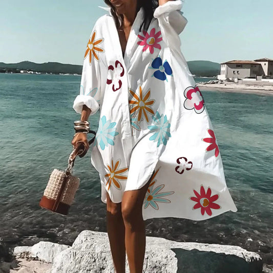 Beach Dress Bikini Cover-Up Women 2025 Bohemian Printed Beachwear Robe V-Neck Long Sleeve Swim Wear Cover Ups Loose Sundress