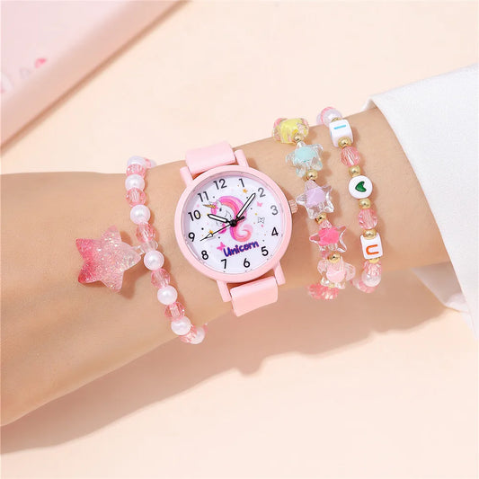Pink Unicorns Children Watch Set For Girls Cute Horse Patterns Silicone Kid Wristwatch