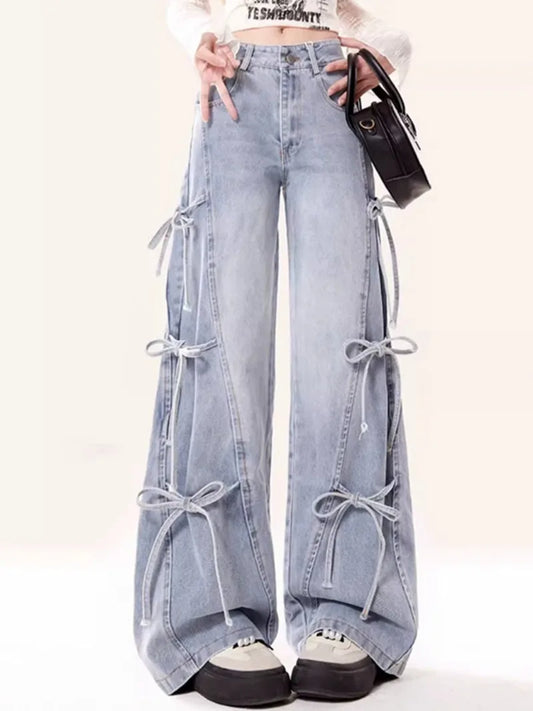Jeans Women Vintage Bow Design Baggy Wide Leg Trousers Autumn High Waist Students Young All-match Daily Harajuku Slouchy Chic