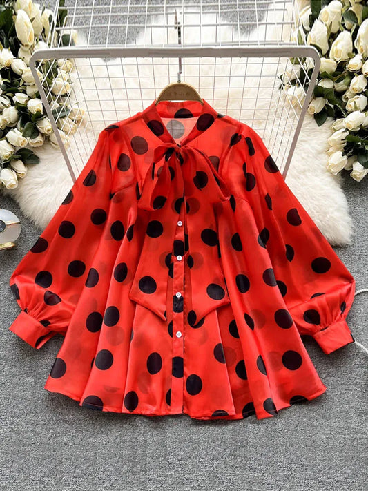 2023 Women's Spring Summer New All-match Chiffon Shirt Bow Tie Long-sleeved Polka Dot Western-style Top Blouse D999