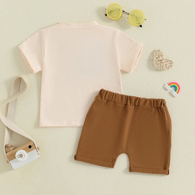 EtherealBe 2-piece outfit for toddler adventures featuring a light shirt and brown shorts
