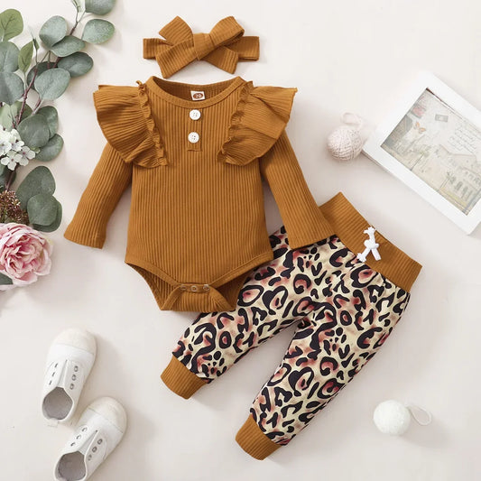 3Pcs Newborn Girl Clothes Ruffle Button Romper + Floral Print Pants Baby Girl Clothes Set Infant Kids Clothing Fall Baby Outfits