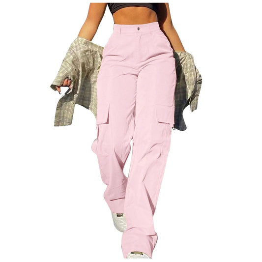 Ladies' Street Fashion Multi Pocket Cargo Pants Summer Solid Color Straight Leg Pants High Waist Slimming Loose Fit Cargo Pants
