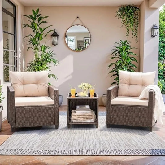 3 Pieces Patio Furniture Set, PE Rattan Wicker Patio Set with, Patio Chairs and Table for Porch, Garden Poolside Balcony