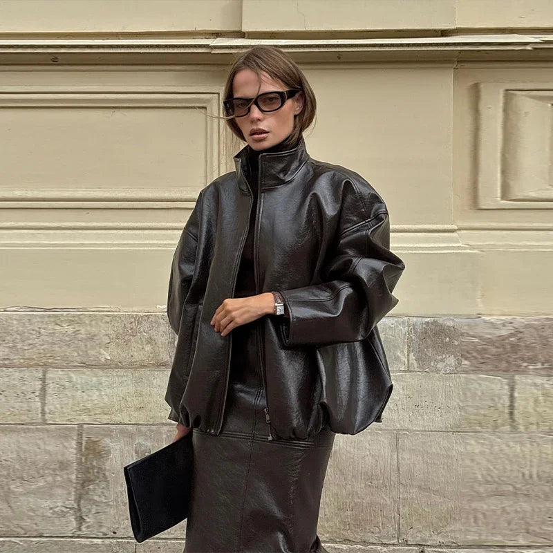 Vintage Solid Pu Leather Jacket Skirt Set High Neck Coat Slim Fit Long Skirt Coats Skirt Sets 2025 New Autumn Winter Lady Outfit