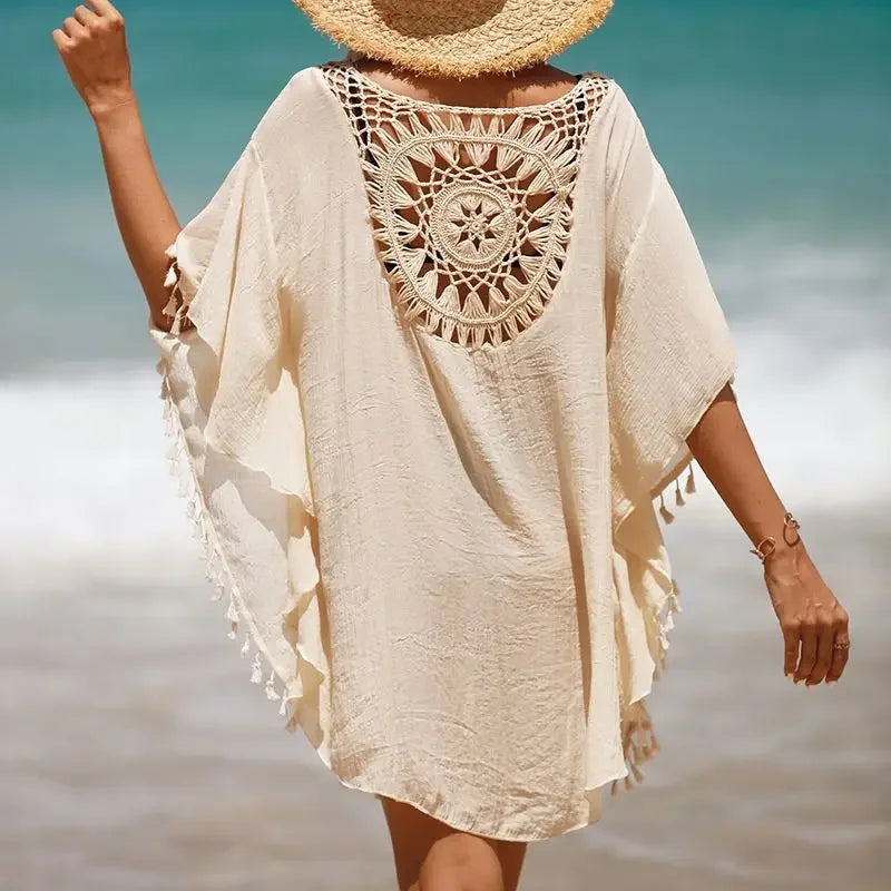 Women Casual Bohemian Holiday Outfits Beachwear Bikini Cover Up Summer Solid Color Hollow Out Beach Dress