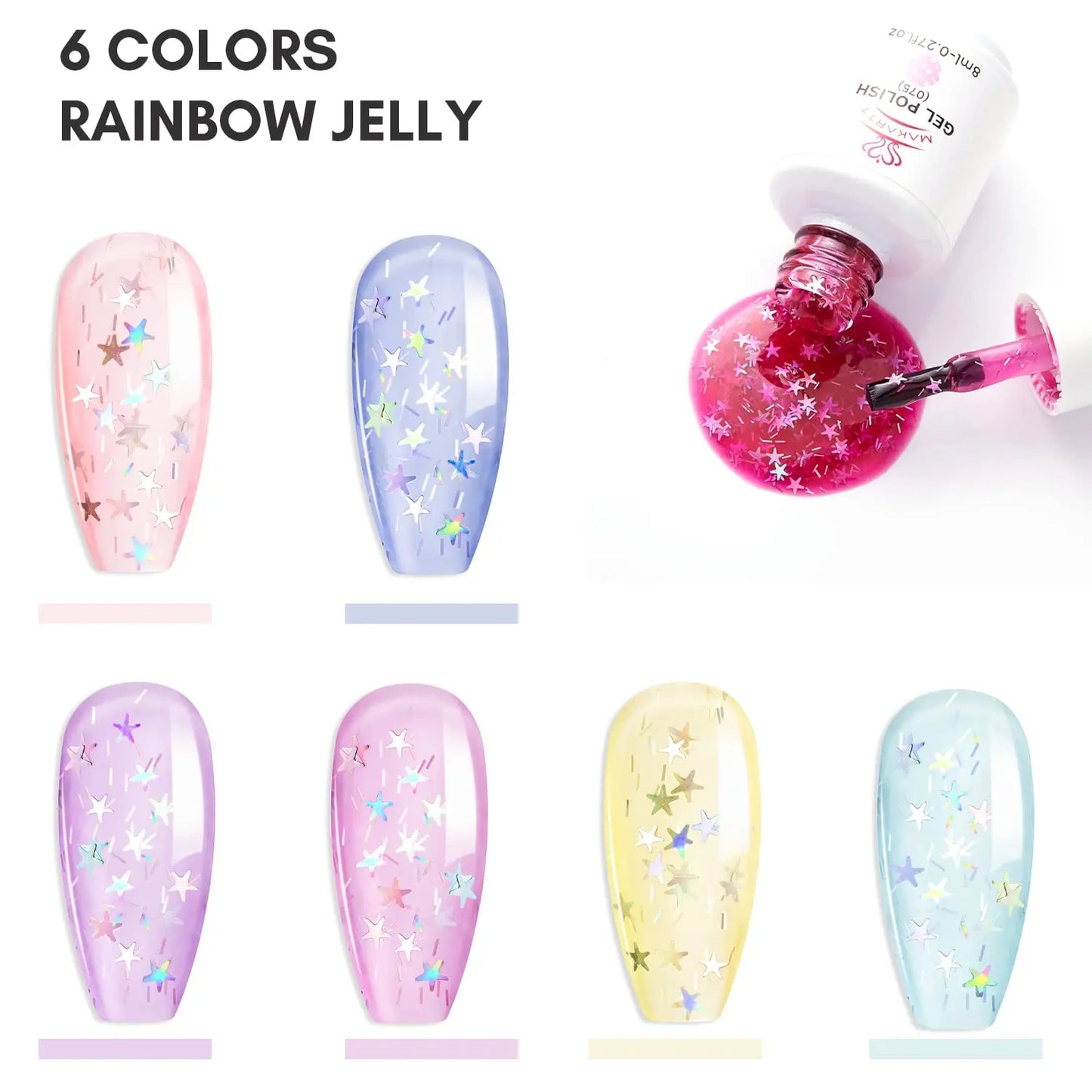 Makartt Gel Nail Polish Set Jelly Clear Glitter Pink Blue Soak Off Gel with Irridescent Stars, Crystal Transparent Nail Varnish