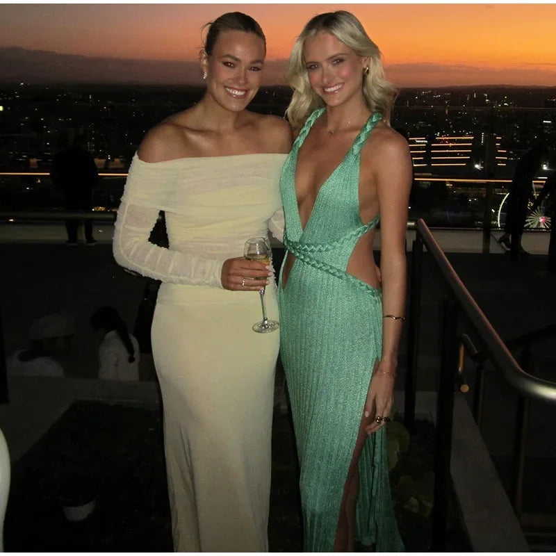 Sexy Knit High Slit Backless Long Dress Women Green Ribbed Hollow V-neck Dresses Female 2025 Summer Lady Beach Party Robes New