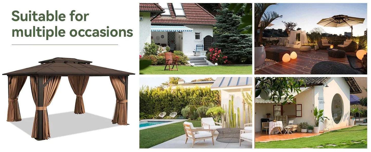 12'x14' Hardtop Gazebo, Aluminum Frame Permanent Pavilion with Curtains and Netting, Designed for Garden, Brown