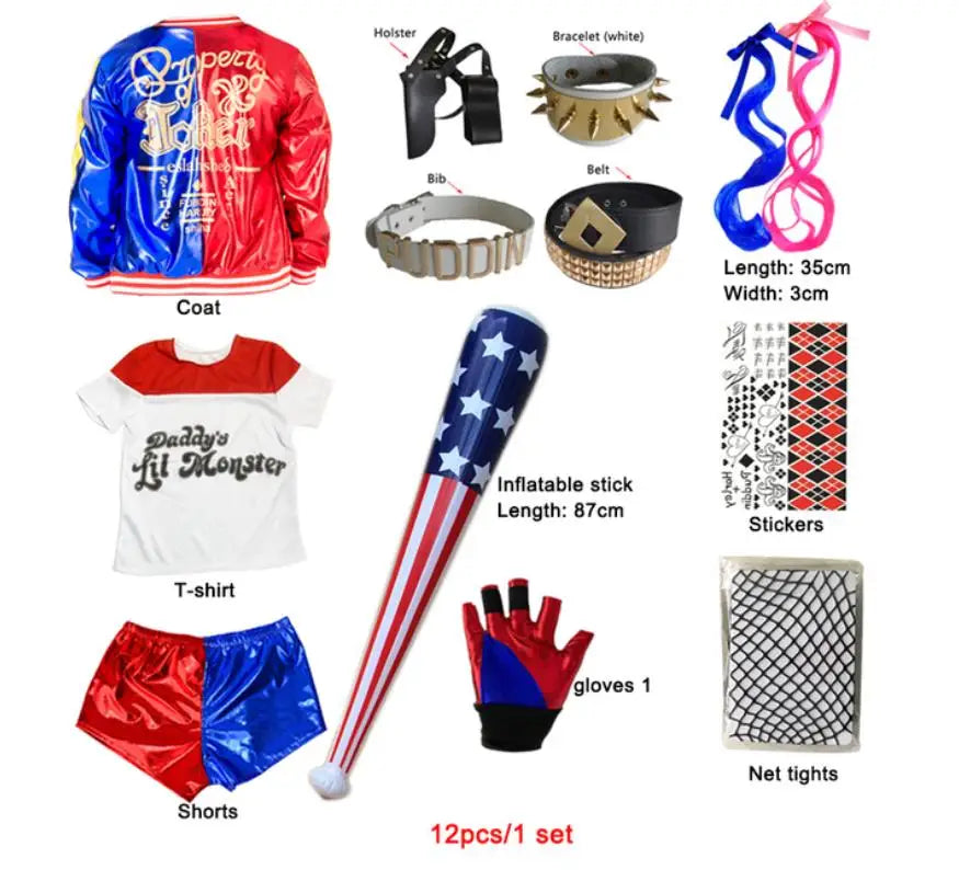 Harley Quinn kids cosplay costume set featuring jacket, T-shirt, shorts, bat, and accessories for playful dress-up