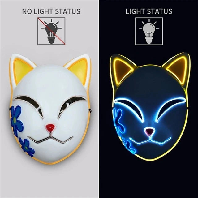 EtherealBe Halloween cat LED face mask showing light and no light status with colorful design