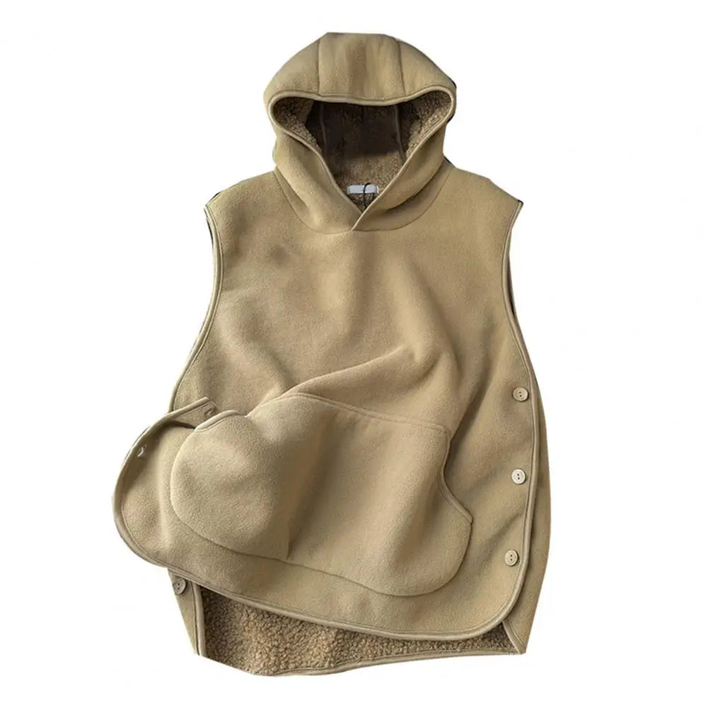 Lady Thermal Vest Women Side Button Closure Fleece Hooded Vest Solid Color Front Pocket Casual Top For Fall Winter