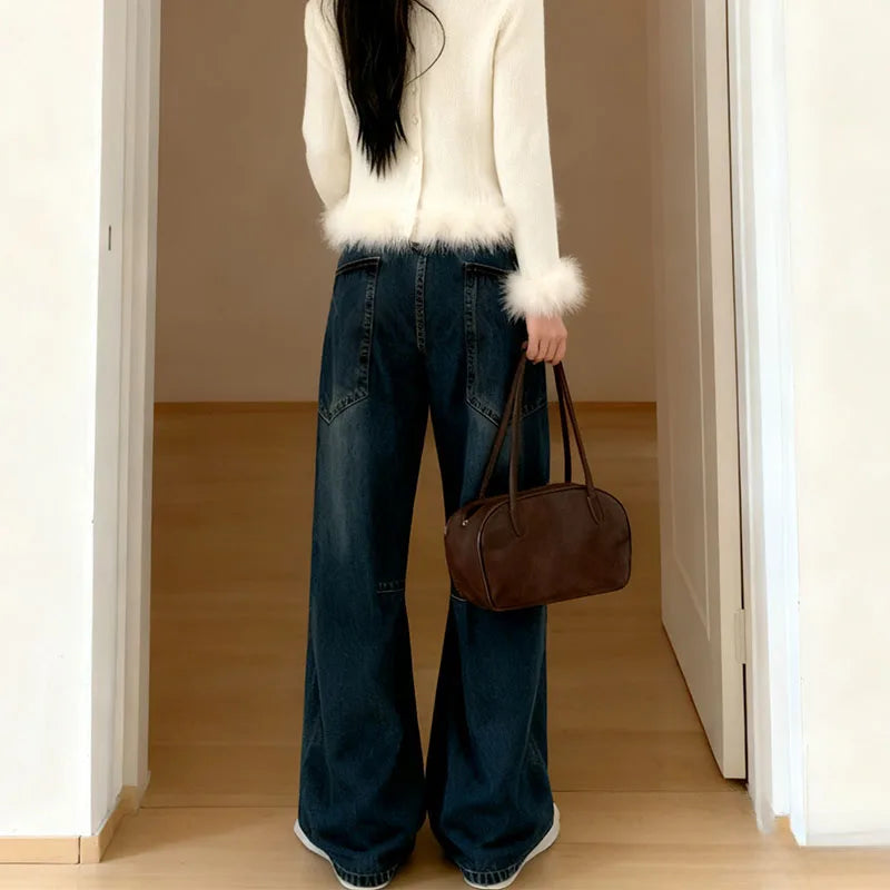 Autumn 2025 High Waist Slim Tapered Wide Leg Jeans Y2K Vintage Blue Denim Pants Dongdaemun Curved Hem for Women