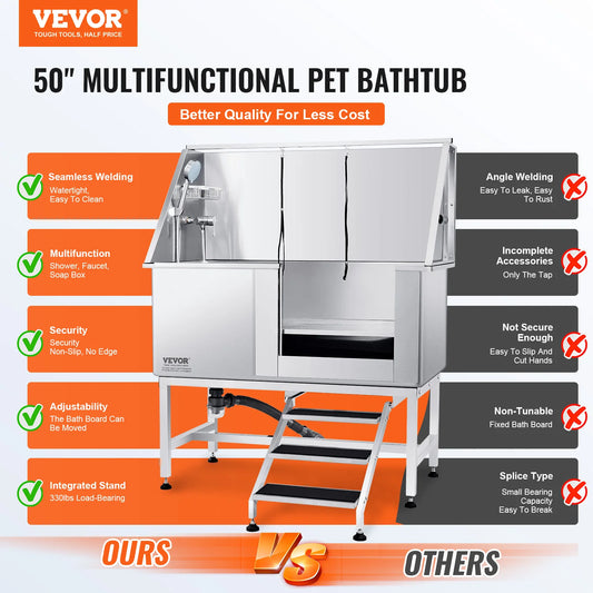 VEVOR 50" Pet Dog Bathing Station with Stairs Faucet Bathtub Stainless Steel Dog Grooming Tub for Large Pets Washing Sink