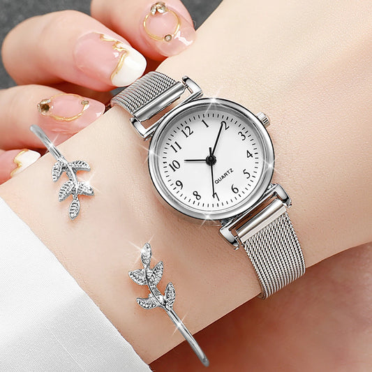 4PCS/Set Women's Watches Fashion Small Quartz Watch Casual Silver Band Wristwatches Bracelets(Without Box)