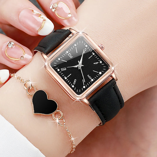 6PCS/Set Women's Watches Fashion Square Leather Band Quartz Watch Heart Bracelets Set(Without Box)