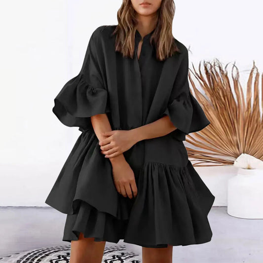 Beach Dress Bohemian Ruffled Sundress 2025 New Women Mini Summer Dress Sexy Half Sleeve Buttons Casual Solid Color Vestidos Robe