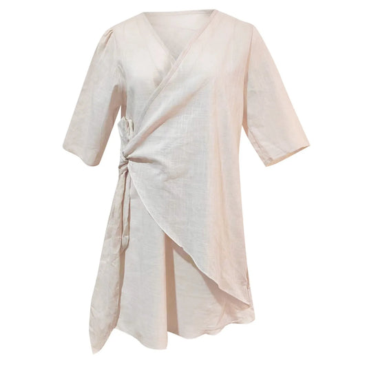 Cotton Linen Dresses Women'S Sexy V Neck Solid Color Pleated Swing Split Mini Dress Party Elegant Chic Vestidos For Womens