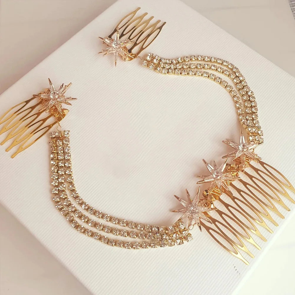 Stonefans Luxury Star Hair Comb Rhineestone Chain Jewelry for Women Vintage Bridal Tiara Multilayer Hair Chain Wedding Headpiece