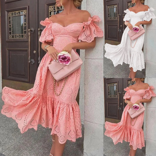 Sexy Off Shoulder Summer Dresses for Women Boho Hollow Out Crochet Ruffled Party Dress White Elegant Formal Vacation Long Dress