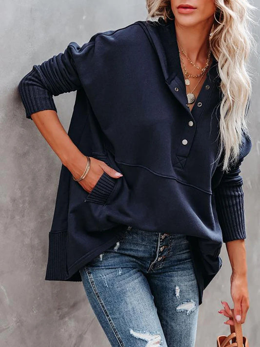 Women's Patchwork Pullover Tops Pockets Button V Neck Solid Hoodies Long Sleeve emale Casual Sweatshirts Fashion Ladies Clothes