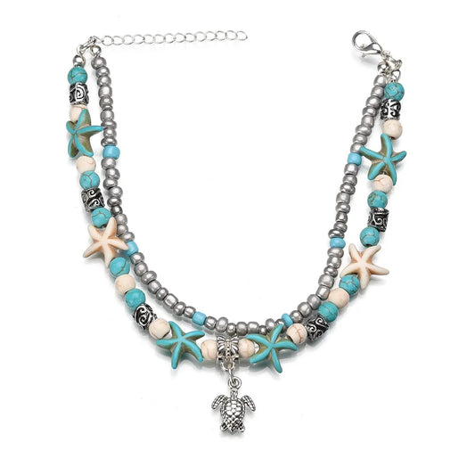 Boho Summer Beach Anklets For Women Turtle Shell Starfish Tree of Life Elephant Ankle Bracelet Multilayer Chain On Foot Jewelry