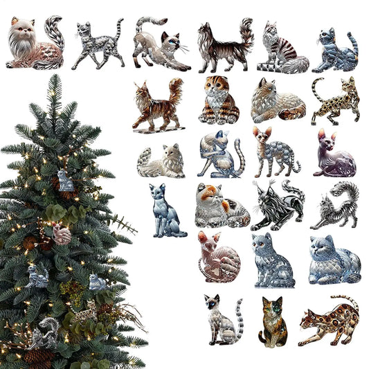 Cat Christmas Countdown 24 Days Christmas Advent Calendar 2D Acrylic Cat Collectible Figurine for Xmas Tree Decor Kids Gifts