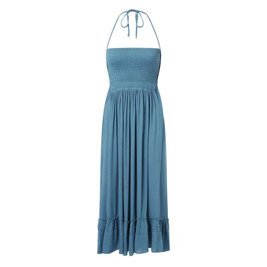 Womens Dresses 2024 Spring Summer Deep V Neck Women'S Smocked Maxi Dresses Summer 2023 Sexy Flowy Beach Long Backless Slip 롱원피스