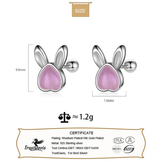 TrustDavis Real S999 Sterling Silver Kids Animal Rabbit Moonstone Screw Stud Earrings For Daughter Girls Fine Jewelry DF2044