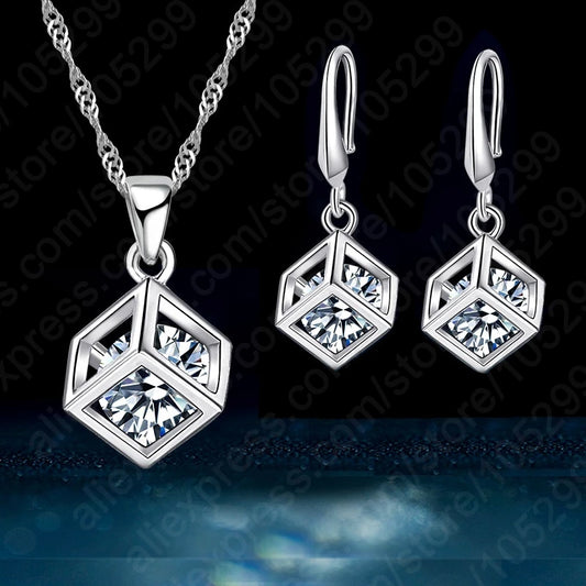 Trendy Design Jewelry Set For Women 925 Sterling Silver Color Jewelry Set Square Pendant Necklace Earrings Wholesale Promotion