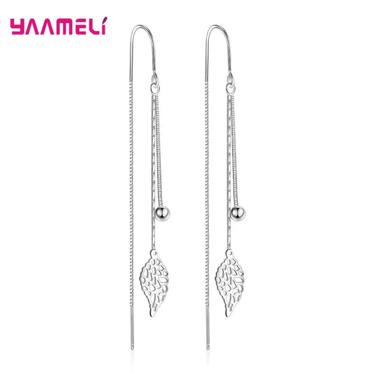 Fashion Jewelry 925 Sterling Silver Color Earrings Simple Leaf Tassel Long Box Chain Thread Pendientes Ear Decoration Ornaments