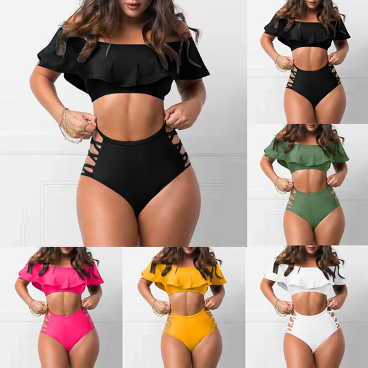Sexy Off Shoulder Bikini Sets Ruffled Bandage Swimsuit Women High Waist Bandeau Push Up Swimwear Set Beach Mujer Biquini Suit