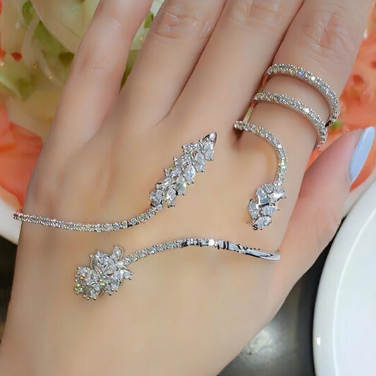 Luxury Designer Palm Bracelet Ring Set Boho Wedding Hand Decoration Elegant Finger Chain Zircon Bangle Jewelry Bridal Handmade
