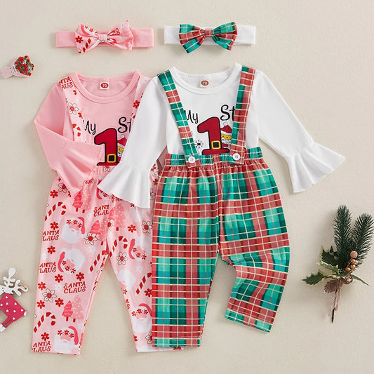 0-18 Months Baby Girls Christmas Outfits Long Sleeve Romper with Suspender Pants Headband Set Newborn Fall Clothes