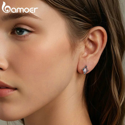 BAMOER Original 925 Sterling Silver Blue Starry Stud Earrings White Gold Hypoallergenic Earrings for Women Fine Jewelry Gift