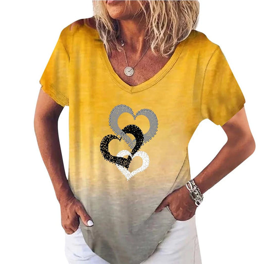 Women's T-Shirts Gradient Love Print Tops V Neck Fashion Female Vintage Clothing Floral Print Tees Loose Oversized T Shirts