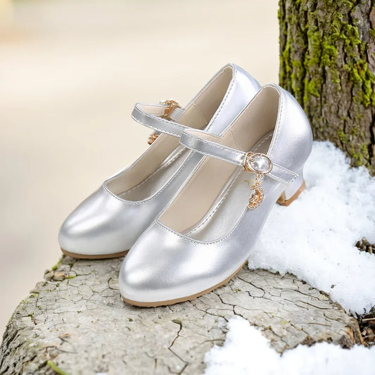 Children Girls Leather Shoes White Princess High Heel Shoes For Kids Girls Performance Dress Student Show Dance Sandals 26-41