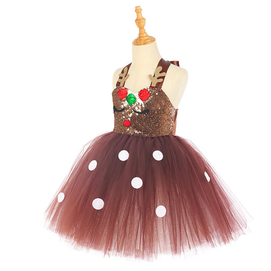 Brown Sequin Deer Costumes for Girls Christmas Princess Dresses Kids Reindeer Cosplay Outfit Children New Year Clothes Xmas Gift