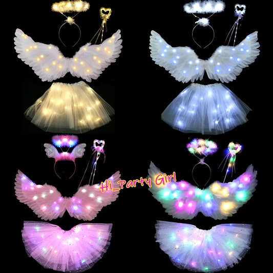 Light up angel costume for girls with glowing wings and tutu skirts in various colors and designs