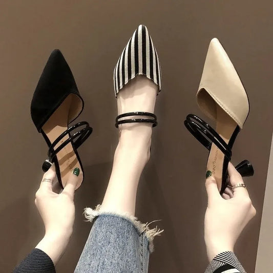 Elegant Woman Heeled Shoes Luxury Heel Shoe Striped Black Summer Women Sandals Fashion Designer Summer New 2023 High Slippers