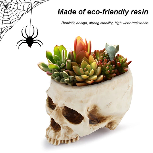 Resin Skull Flower Pot Home Garden Office Decor Planter Container Skeleton Desktop Flower Pot Halloween Skeleton Flowerpot