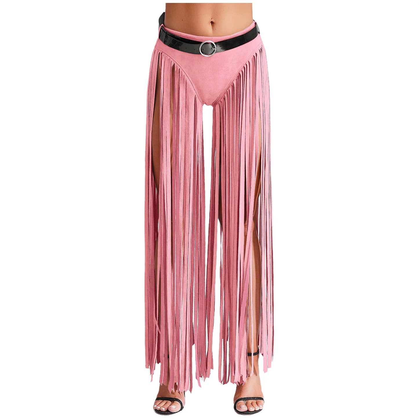 Womens Hippy Cosplay Costume High Waist Suede Underwear with Long Tassels And Belt Halloween Dress Up 70s Disco Costume