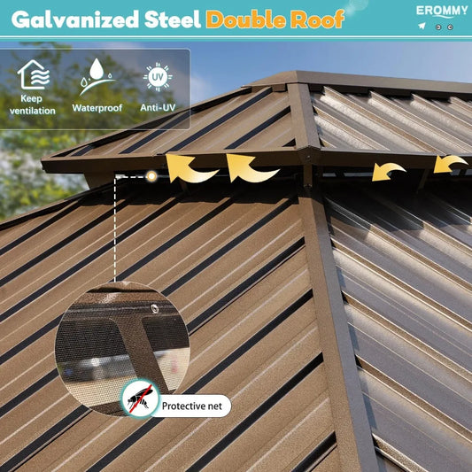 10' x 12' Hardtop Gazebo, Aluminum Frame Gazebos with Galvanized Steel Double Roof,Permanent Outdoor Metal Pavilion with Curtain