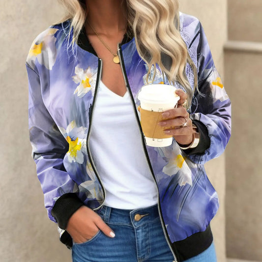 Vintage Floral Printed Jackets for Women Elegant Zipper Bomber Jacket Spring Autumn Office Wear Slim Jackets Coat Retro Outwear