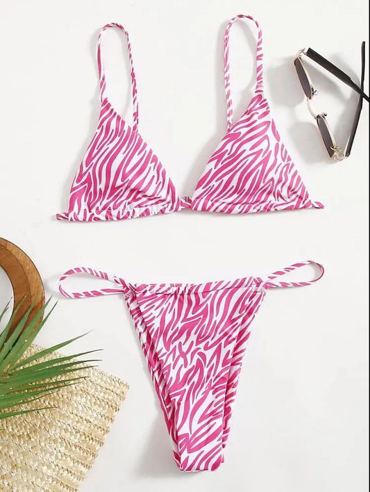 Sexy Triangle Split Swimsuit Striped Print Drawstring Women's Bikini Swimsuit