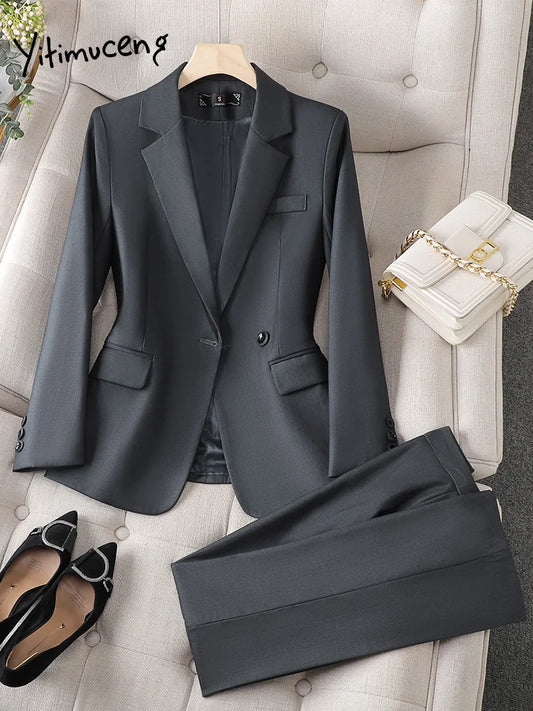 Office Wear Women Blazer Suits 2 Pieces Sets Elegant Fashion Chic Coats Casual Blazer Jacket And Pants Two Piece Set Career Suit