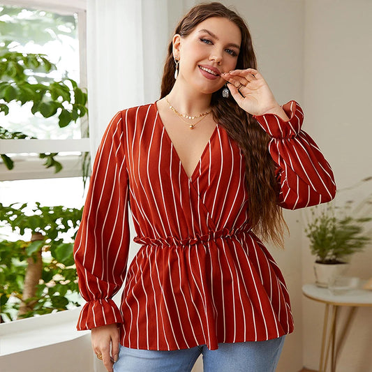 Della Mel Women Plus Size Vintage Long Sleeve Tops Striped Print Wrap V-Neck Loose Ruffles Elastic Waist Peplum Blouses 3XL 4XL